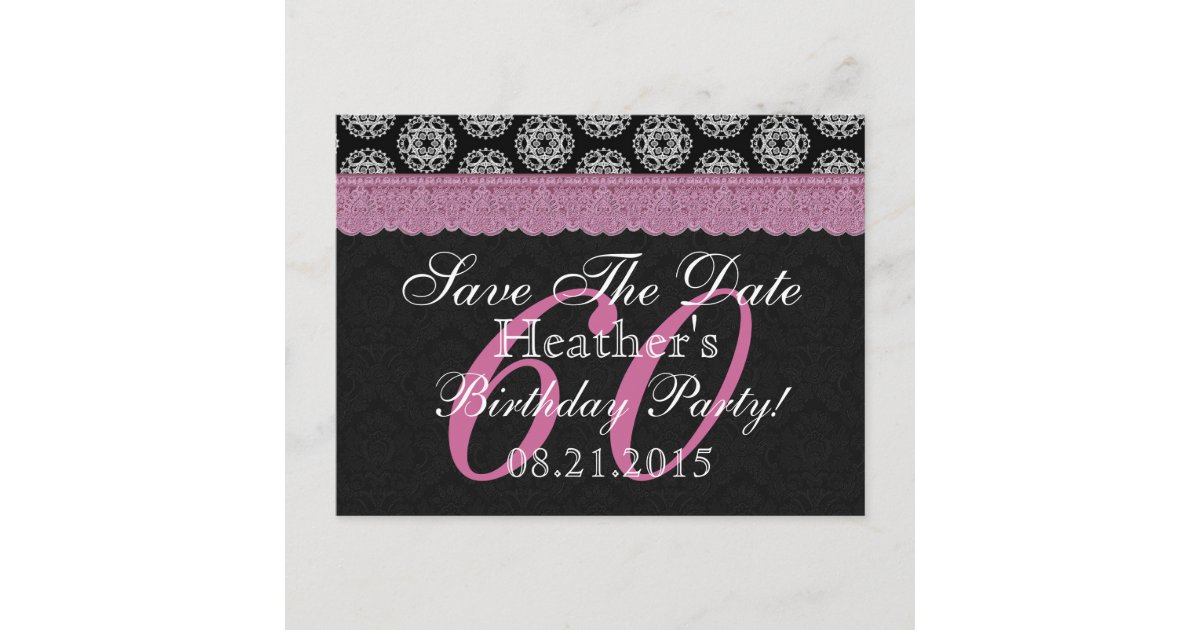 60th Birthday Save the Date Black White Pink Announcement Postcard