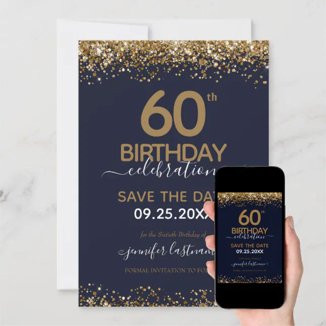 60th Birthday Save the Date Blue and Gold Invitation | Zazzle