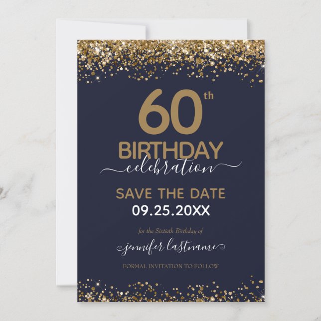 60th Birthday Save the Date Blue and Gold Invitation (Front)