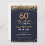 60th Birthday Save the Date Blue and Gold Invitation<br><div class="desc">Elegant Faux gold glitter with shimmering confetti highlights on the top and bottom border. All text is adjustable and easy to change for your own party needs. Great elegant 60th birthday template design.</div>