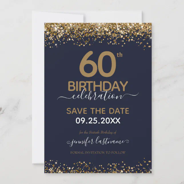 60th Birthday Save the Date Blue and Gold Invitation Zazzle