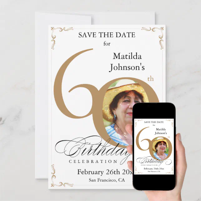 60th Birthday Save The Date Gold and White Custom Invitation | Zazzle