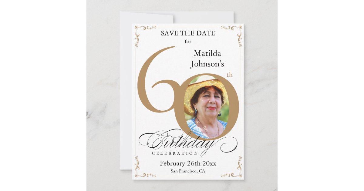 60th Birthday Save The Date Gold and White Custom Invitation | Zazzle