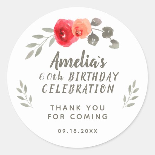 60th Birthday Script Watercolor Floral Thank you Classic Round Sticker - 60th Birthday Script Watercolor Floral Thank you Sticker. Watercolor red roses and twigs with Thank you message.