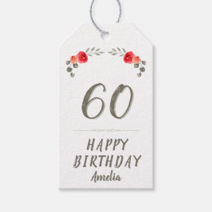 60th Birthday Script Watercolor Rose Floral Gift Tags