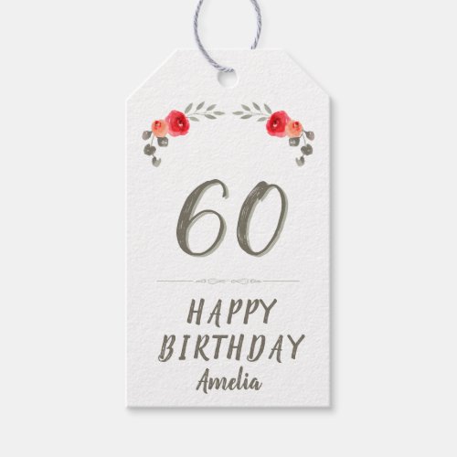60th Birthday Script Watercolor Rose Floral Gift Tags - 60th Birthday Script Watercolor Rose Floral Gift Tags. Floral design with red roses and twigs. Add your name and you can customize any text on the banner.