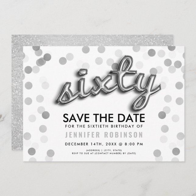 60th Birthday Silver Balloon Glitter Save The Date Invitation (Front/Back)