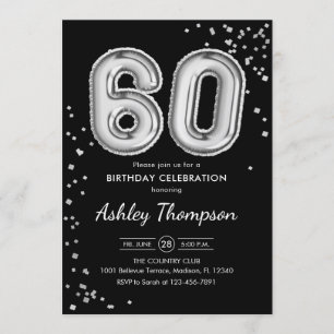 60th Birthday - Silver Balloons Black Invitation