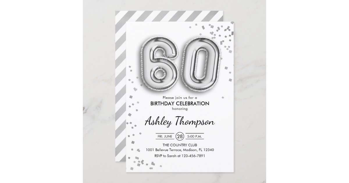 60th Birthday - Silver Balloons Invitation | Zazzle