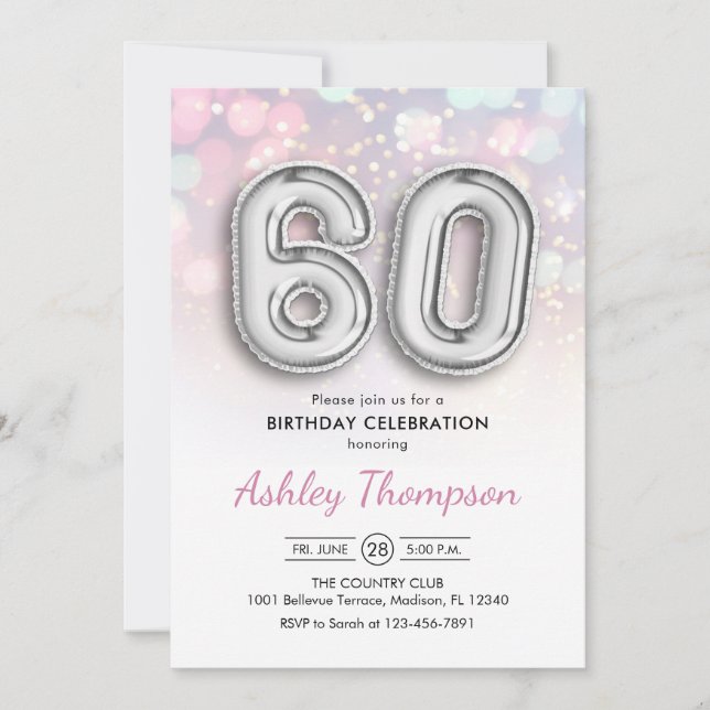 60th Birthday - Silver Balloons Pink Lights Invitation (Front)