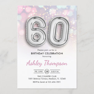 60th Birthday - Silver Balloons Pink Lights Invitation
