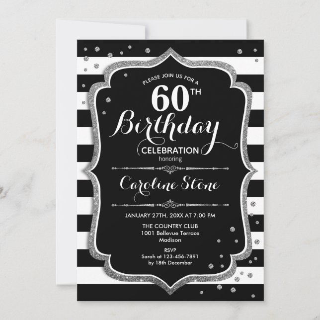 60th Birthday - Silver Black White Stripes Invitation (Front)