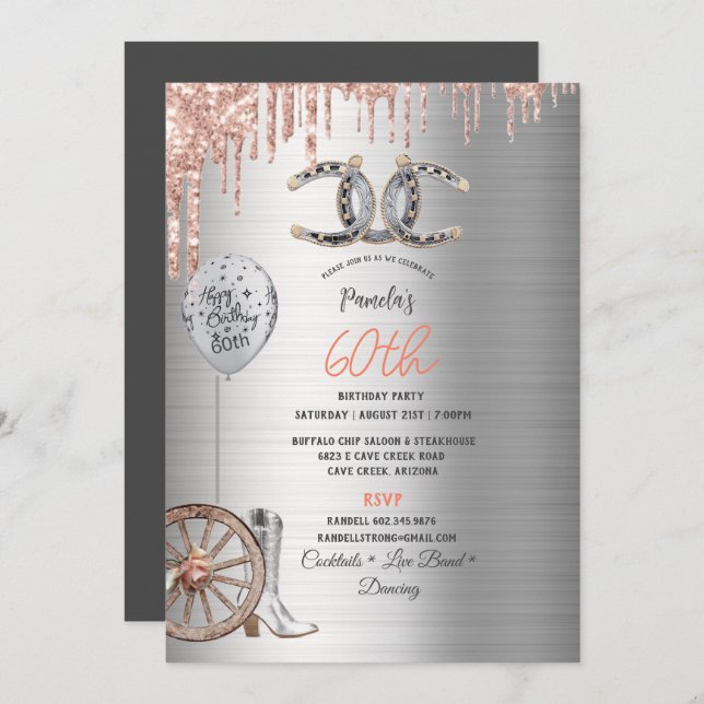 60th Birthday Silver Cowgirl Boots Horseshoes Rose Invitation (Front/Back)