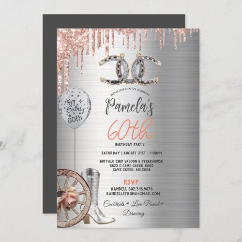 60th Birthday Silver Cowgirl Boots Horseshoes Rose Invitation