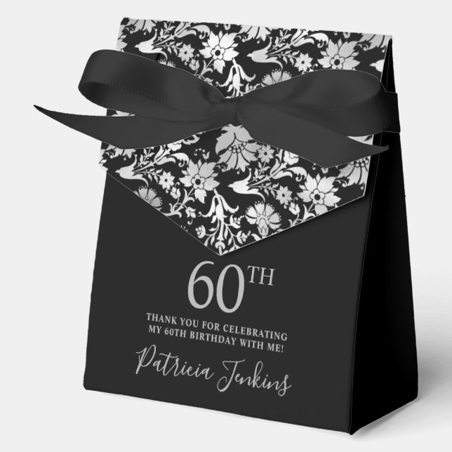 60th Birthday Silver Floral Thank You  Favor Boxes (Front)
