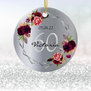 60th birthday silver florals geometric burgundy ceramic ornament