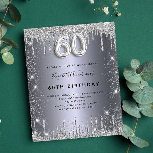 60th birthday silver glitter budget invitation flyer