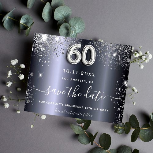 60th birthday silver glitter budget save the date flyer