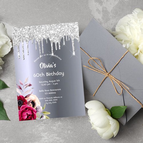 60th birthday Silver glitter drip burgundy florals Invitation