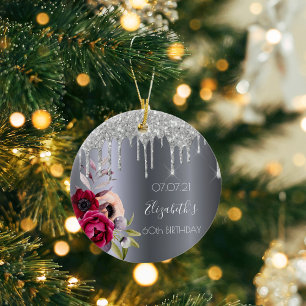 60th birthday silver glitter drips floral burgundy ceramic ornament