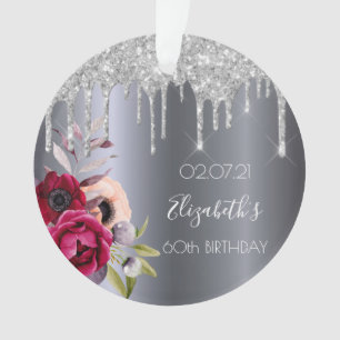 60th birthday silver glitter drips floral name ornament