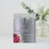 60th birthday silver glitter drips Save the Date Postcard (Standing Front)