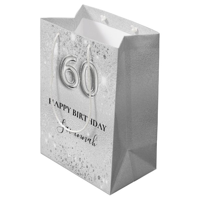 60th birthday silver glitter dust monogram medium gift bag (Back Angled)