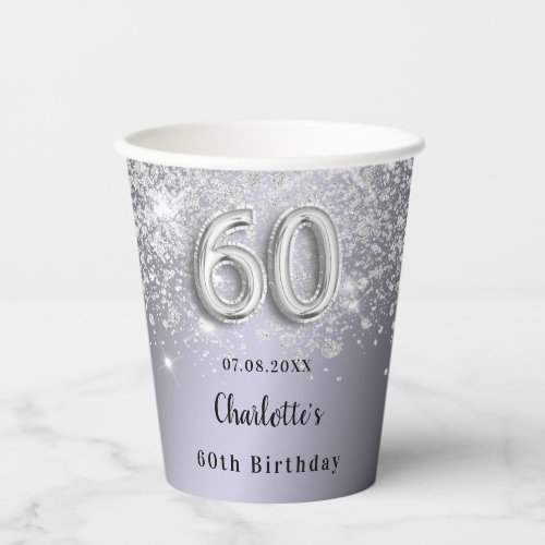60th birthday silver glitter dust monogram paper cups