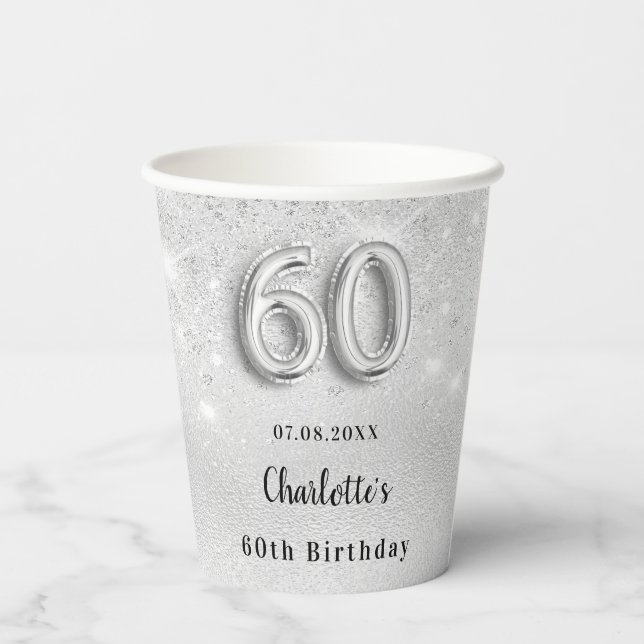 60th birthday silver glitter name paper cups (Back)
