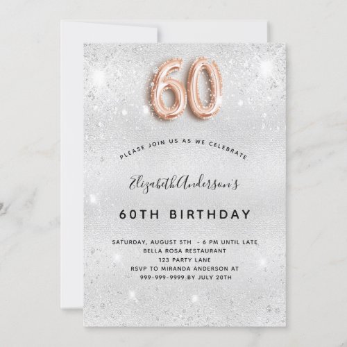 60th birthday silver metal rose gold glitter invitation
