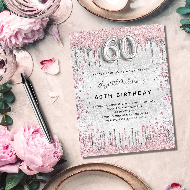 60th birthday silver pink budget invitation flyer (Creator Uploaded)