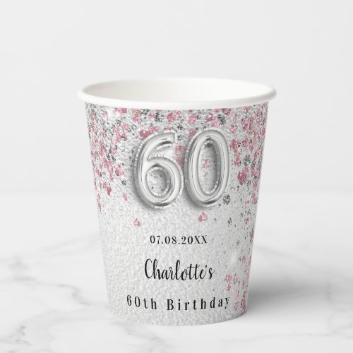 60th birthday silver pink glitter dust monogram paper cups