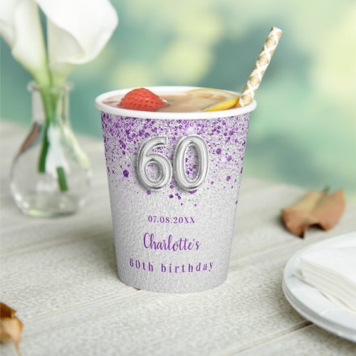 60th birthday silver purple glitter name paper cups