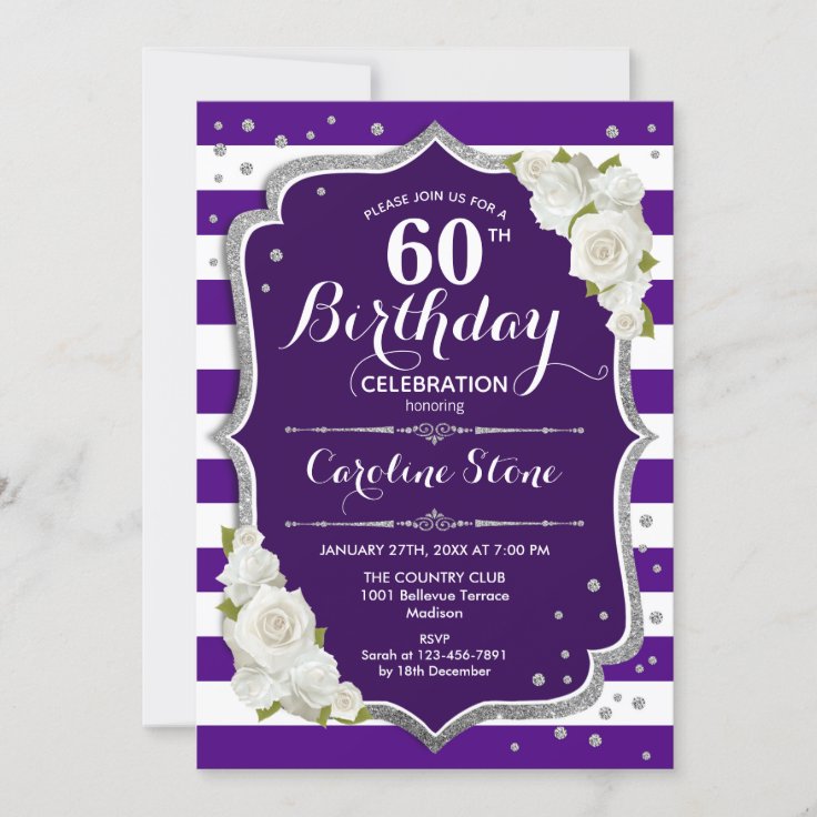 60th Birthday - Silver Purple White Stripes Roses Invitation | Zazzle