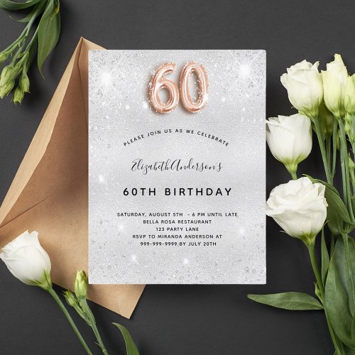 60th birthday silver rose gold glitter invitation postcard