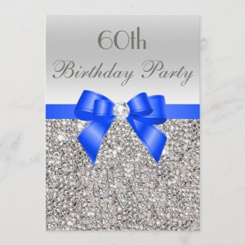 60th Birthday Silver Sequin Royal Blue Bow Diamond Invitation by AJ_Graphics at Zazzle