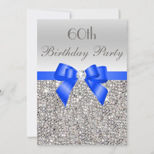 60th Birthday Silver Sequin Royal Blue Bow Diamond Invitation