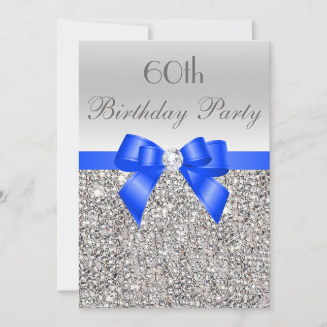 60th Birthday Silver Sequin Royal Blue Bow Diamond Invitation | Zazzle