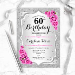 60th Birthday - Silver Stripes Pink Roses Invitation<br><div class="desc">60th Birthday Invitation. Elegant floral design in silver and pink. Features faux glitter silver stripes,  pink roses stylish script font and confetti. Perfect for a glam birthday party.</div>