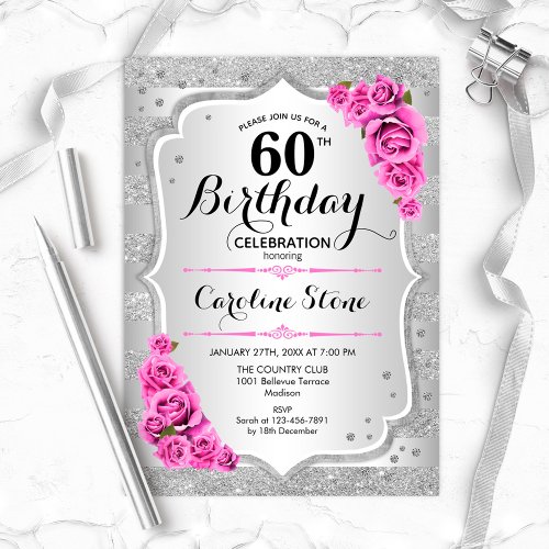 60th Birthday _ Silver Stripes Pink Roses Invitation