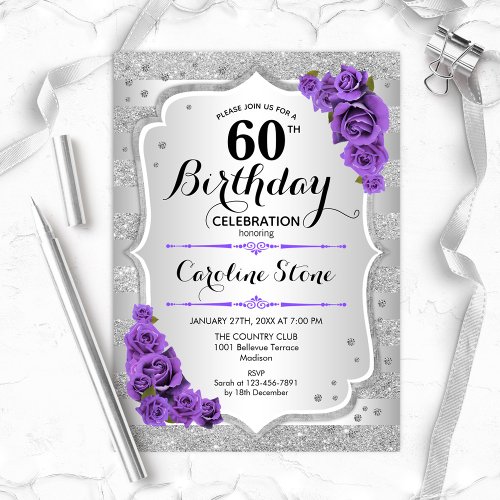 60th Birthday _ Silver Stripes Purple Roses Invitation