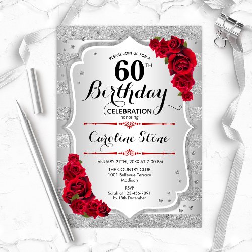 60th Birthday _ Silver Stripes Red Roses Invitation