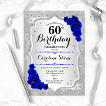 60th Birthday - Silver Stripes Royal Blue Roses Invitation<br><div class="desc">60th Birthday Invitation. Elegant floral design in silver and royal blue. Features faux glitter silver stripes,  sapphire roses stylish script font and confetti. Perfect for a glam birthday party.</div>