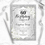 60th Birthday - Silver Stripes White Roses Invitation<br><div class="desc">60th Birthday Invitation. Elegant floral design in silver and white. Features faux glitter silver stripes,  white roses stylish script font and confetti. Perfect for a glam birthday party.</div>