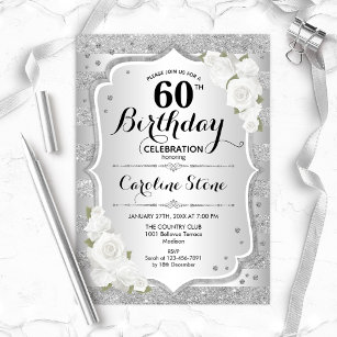 60th Birthday - Silver Stripes White Roses Invitation