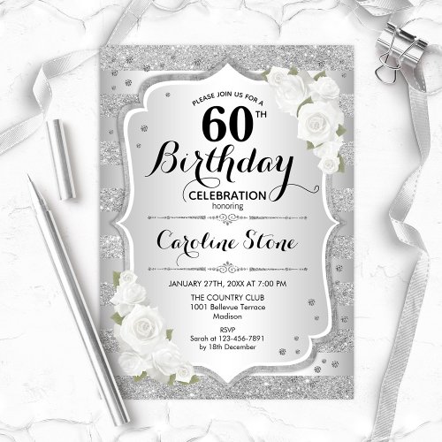 60th Birthday _ Silver Stripes White Roses Invitation