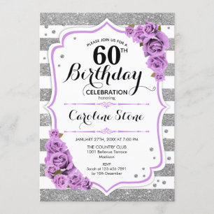60th Birthday - Silver White Stripes Purple Roses Invitation