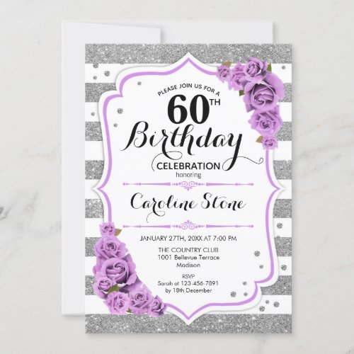 60th Birthday _  Silver White Stripes Purple Roses Invitation