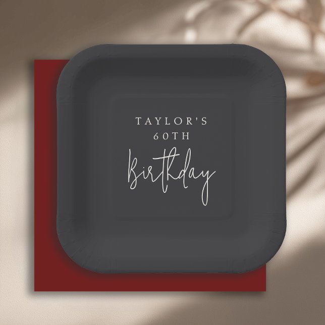60th Birthday Simple Minimalist Flat Black Paper Plates (Creator Uploaded)