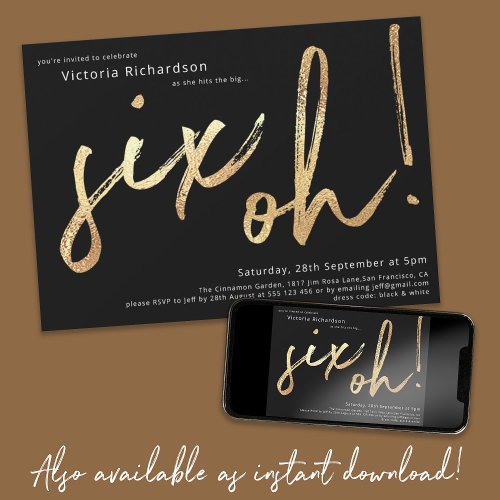 60th Birthday Six Oh Gold Foil Typography Black Invitation